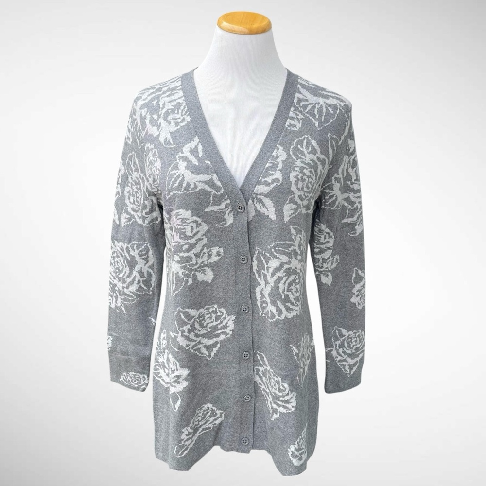 Isaac Mizrahi Gray Jacquard Rose-Print Cardigan Sweater Buttondown Tunic